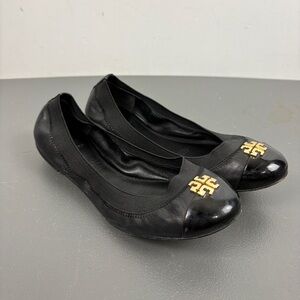 Tory Burch Jolie Ballet Flats Black Patent Leather Cap Toe Gold Logo